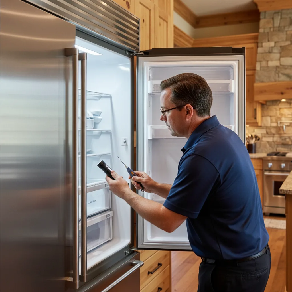 Technician servicing a Sub-Zero refrigerator in a mountain home